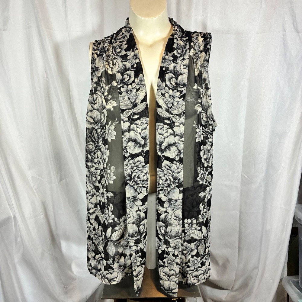 Susan Graver Women 1X Black White Floral Sheer Chiffon Open Front Vest Layering